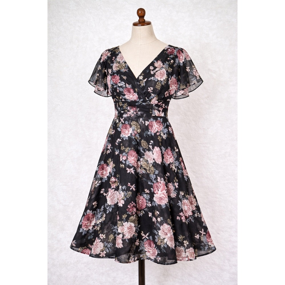 Lulus Black Floral Chiffon Midi Dress Surplice Flutter Sleeve Pink Rose Womens M - Picture 8 of 8